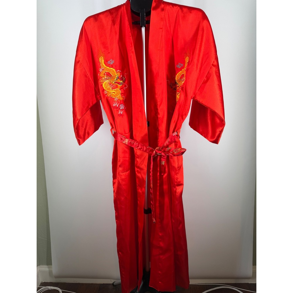 Laogudai Red Satin Dragon Embroidered Kimono‎ Robe Womens Loungewear Belted M